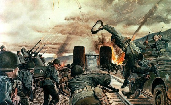 Eine Illustration in der die Schlacht um die Brücke von Remagen dargestellt wird.